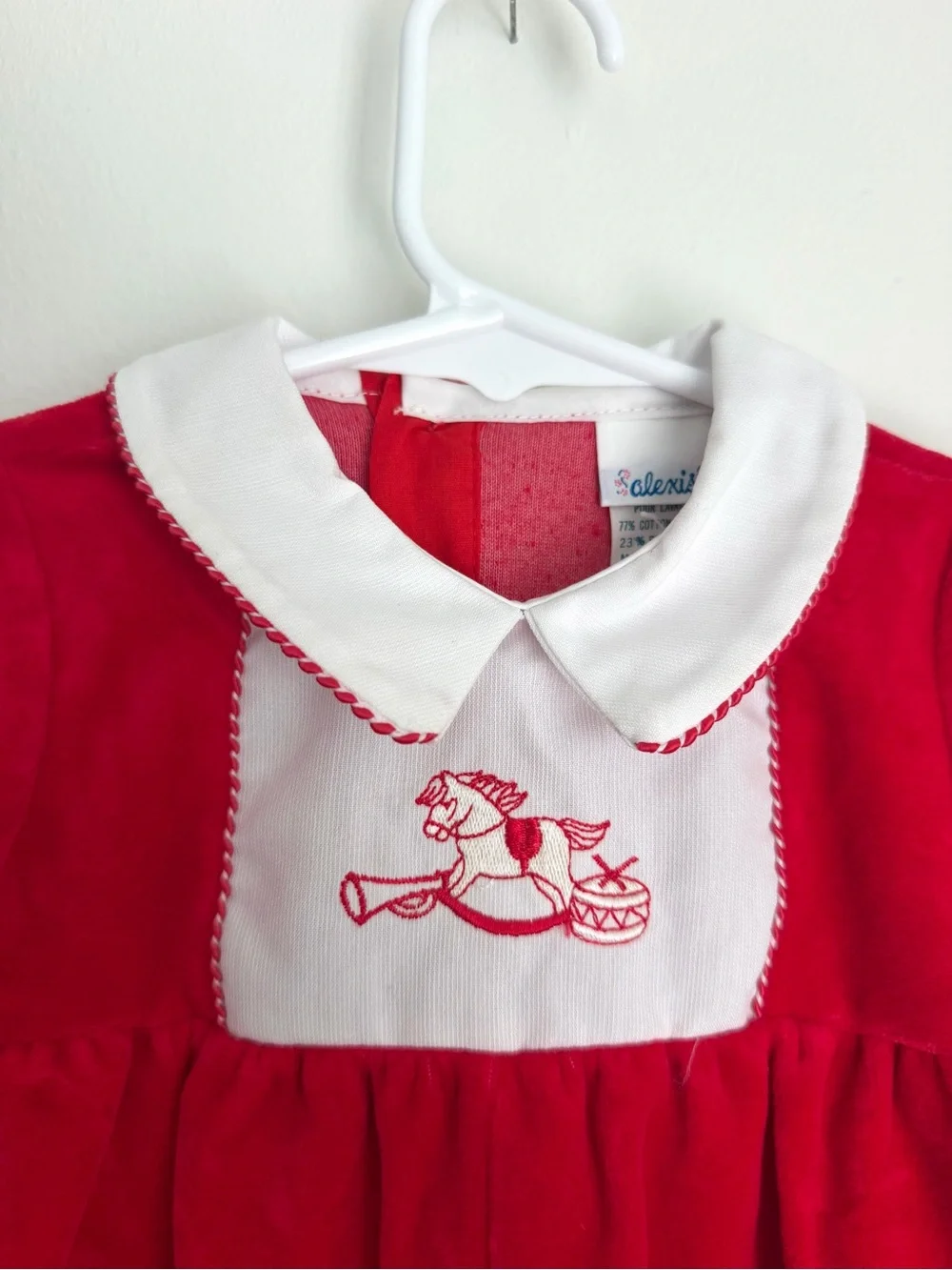 Vintage Kids Infant Red Velour Collared Romper with Embroidered Rocking Horse 6M